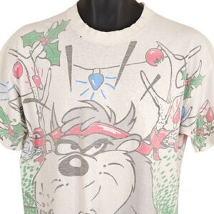 Vintage Taz Looney Tunes T Shirt Mens Size Large White 90s Christmas All Over